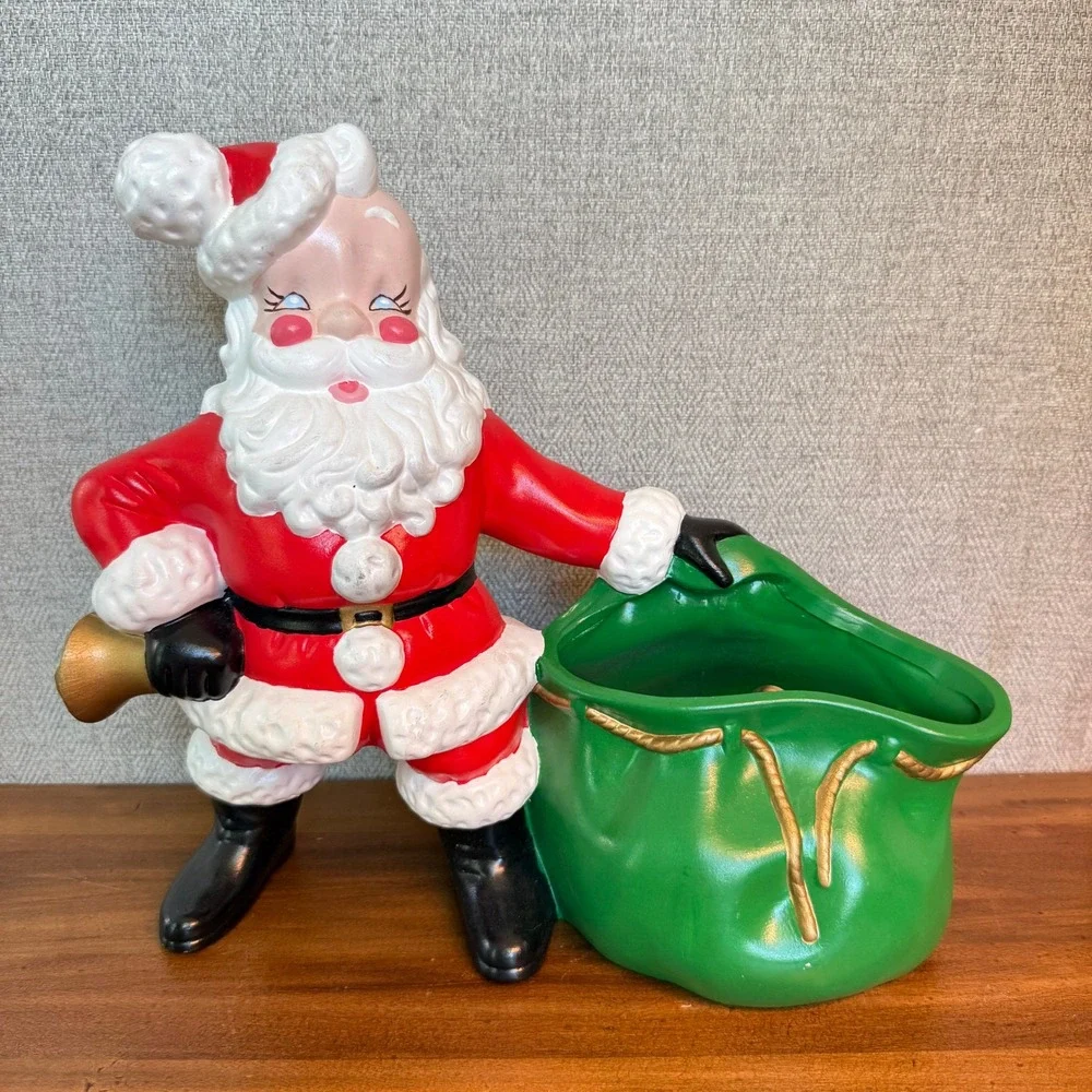 Vintage 1981 Ceramic Musical Santa Claus Figurine‎ Green Toy Bag Planter Dish
